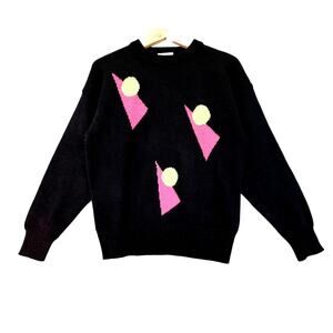 VTG 80s Meister Ski Sweater Womens sz L Black Pink Winter Snow